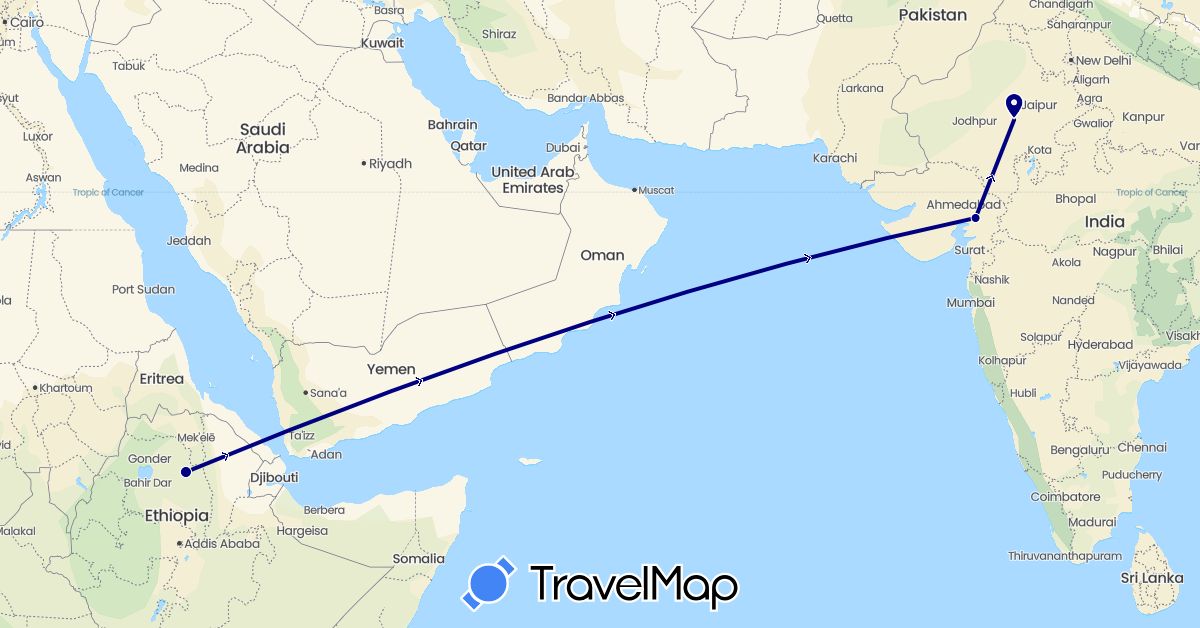 TravelMap itinerary: driving in Ethiopia, India (Africa, Asia)